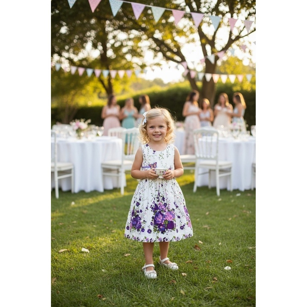 Sunny Fashion Girls Dress Size 7/8 White Purple Floral Butterfly Party wedding